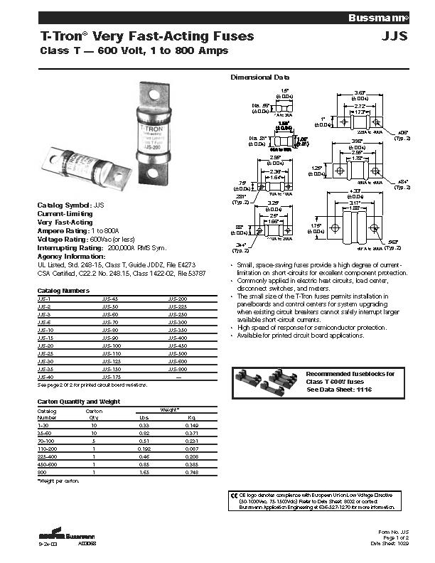 JJS系列美标熔断器选型 JJS系列美标熔断器选型